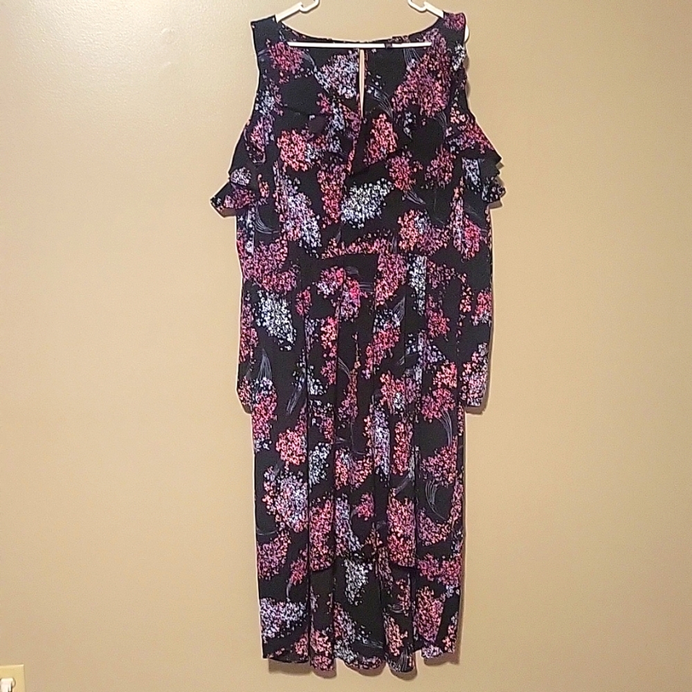 LANE BRYANT Black Purple Floral Cold-Shoulder Ruffle Hi-Lo Midi Dress Size 24